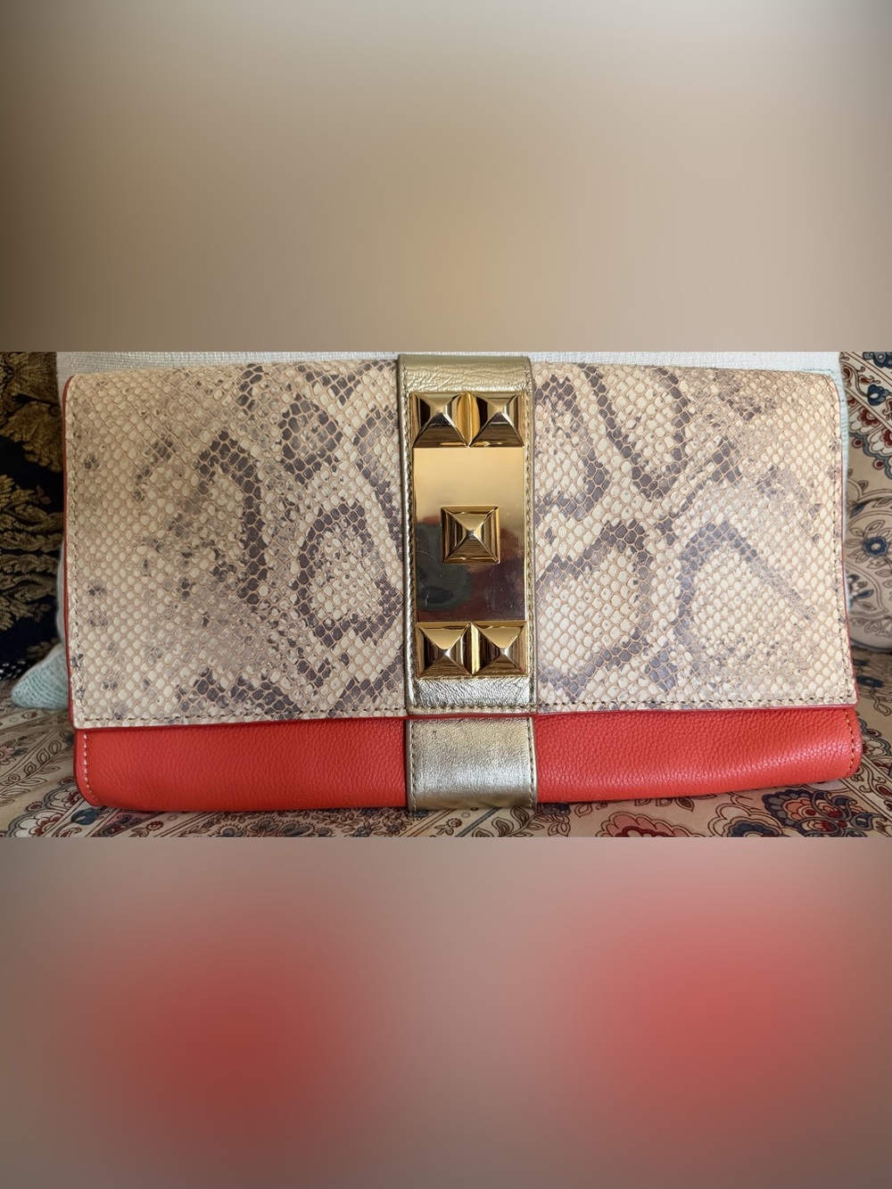Vince Camuto Orange Soft Leather & Faux Snake Skin Clutch with Gold Hardware